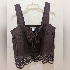 Playful Boho Rachel Zoe Chocolate Brown Linen Blend Tank Top W/ Lace Feature